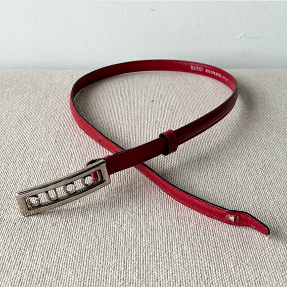 AUTH GUCCI Red Leather Logo Belt - Picture 2 of 8